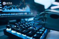 Robot typing on a keyboard and Octa logo, FX Empire