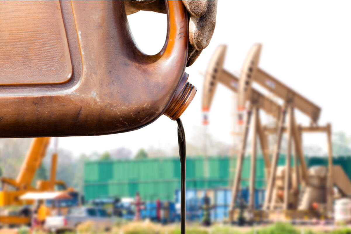 Barrel spilling petroleum and two pumpjacks, FX Empire