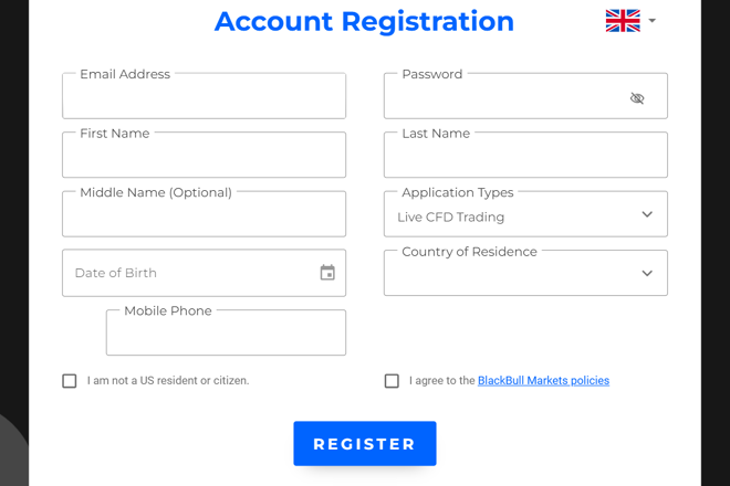 BlackBull Markets’ registration form (continued)