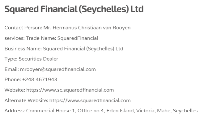 SquaredFinancial (Seychelles) Ltd’s licensing information on fsaseychelles.sc
