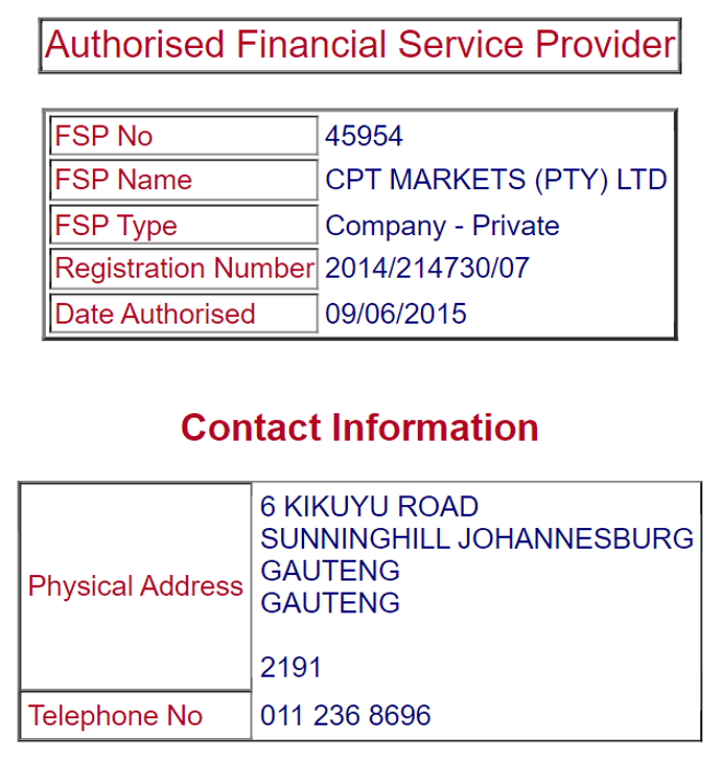 Capital Markets PTY Ltd’s licensing info on fsca.co.za