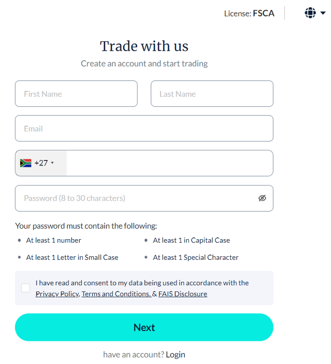 CPT Markets’ registration form