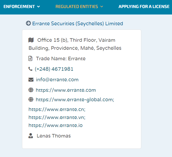 Errante Securities (Seychelles) Ltd’s licensing info fsaseychelles.sc