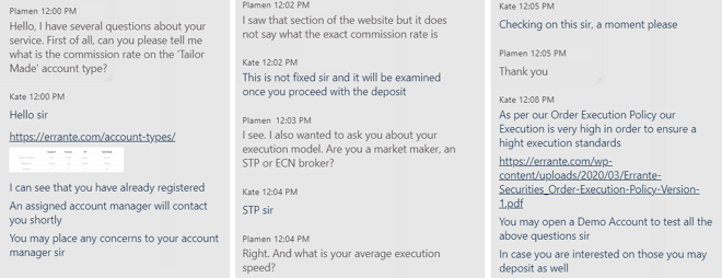 My conversation with Errante’s customer support