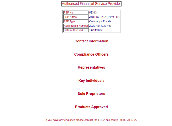 Astrix Data record at FSCA