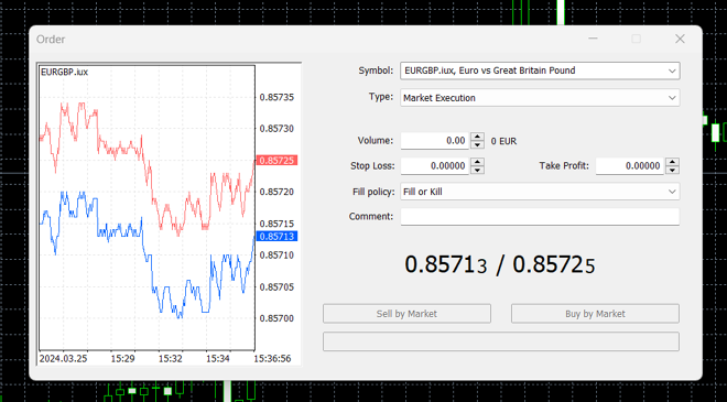 MetaTrader 5’s order placing window