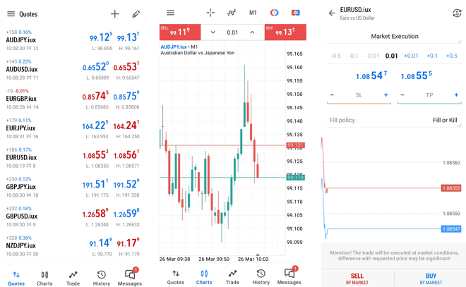 A watch list of selected instruments (left), a chart screen (middle), an order placing window (right)