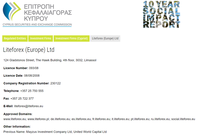 Liteforex (Europe) Ltd’s licensing info at cysec.gov.cy