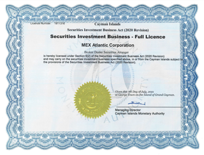 MEX Atlantic Corporation’s licensing information on CIMA.ky