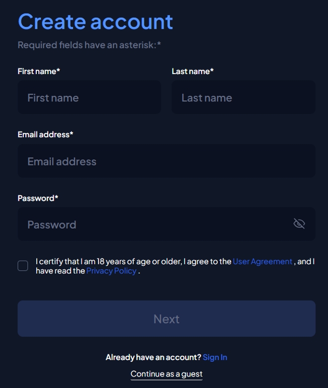 Multibank’s account registration form