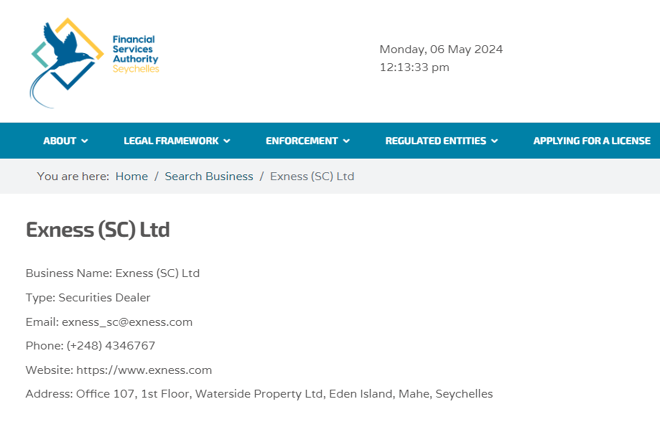 Exness (SC) Ltd on the FSA register