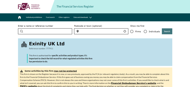 Exinity UK Ltd on the FCA Register