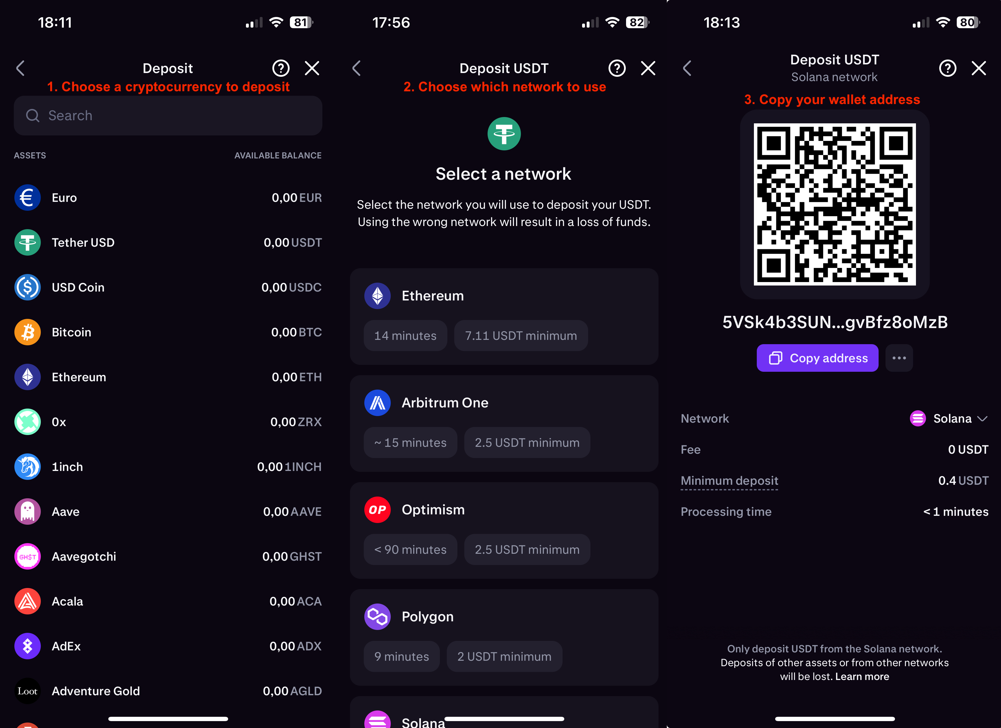 Inicio de un depósito a través de redes de criptomonedas
