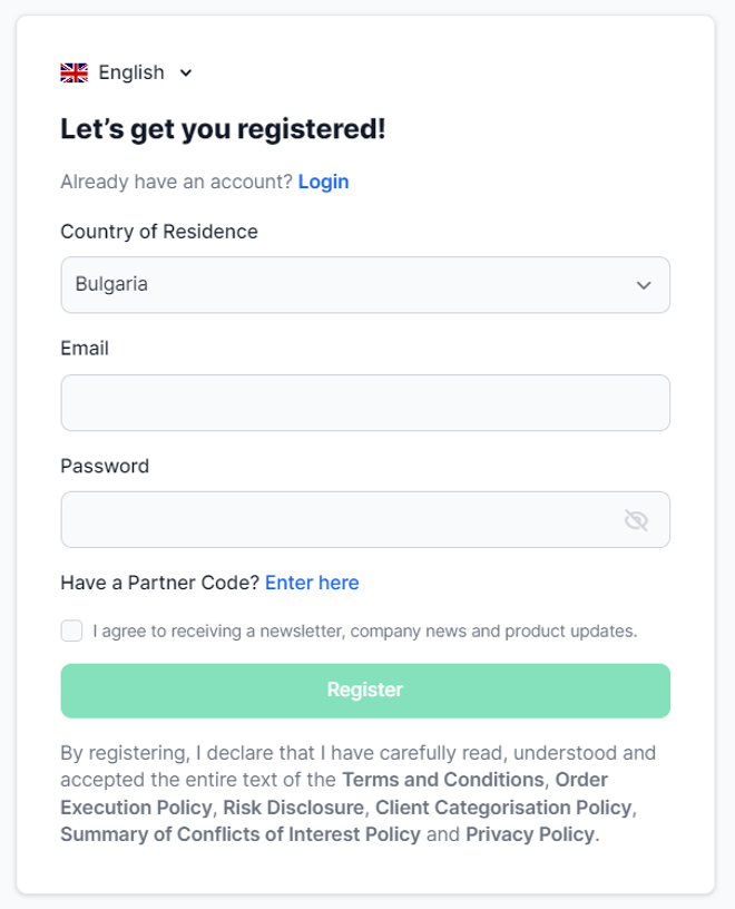 XM’s account registration form