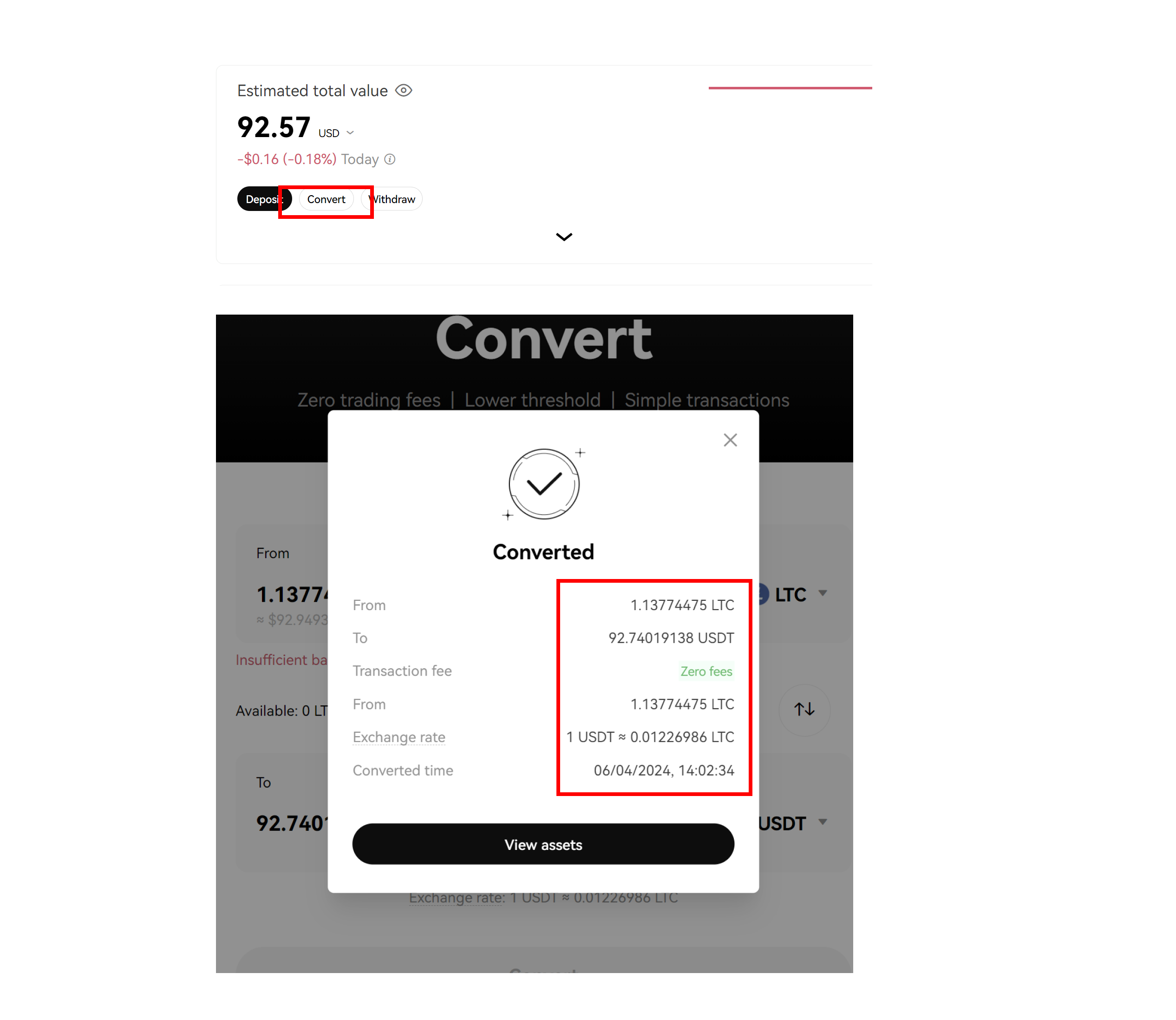 Vista general del valor del activo y notificación de la conversión de criptomonedas con información detallada