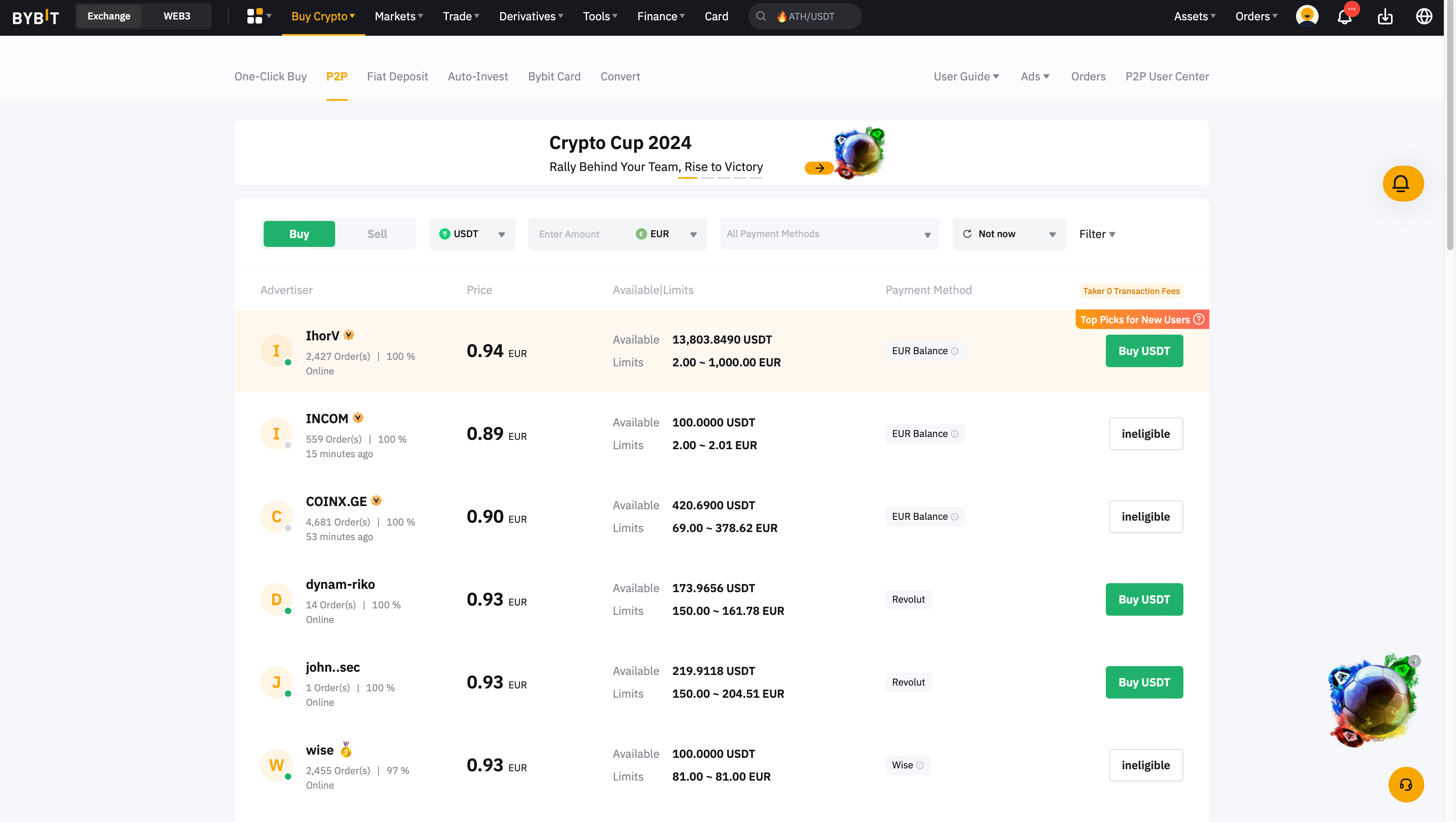 Interfaccia di Trading P2P Bybit