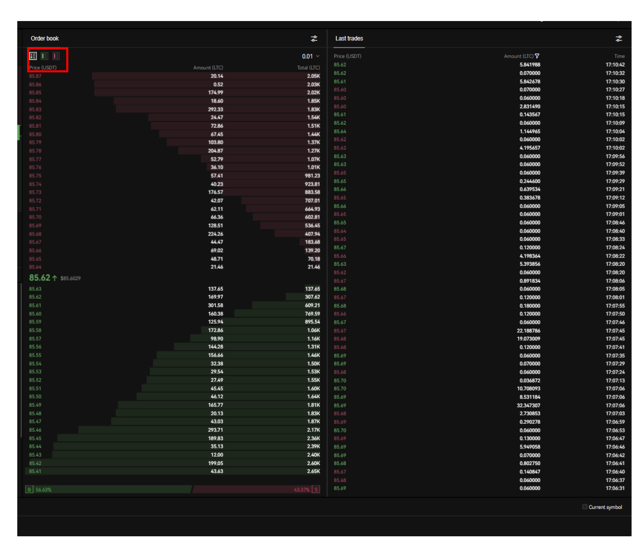 Libro de órdenes de la actividad de trading reciente en OKX