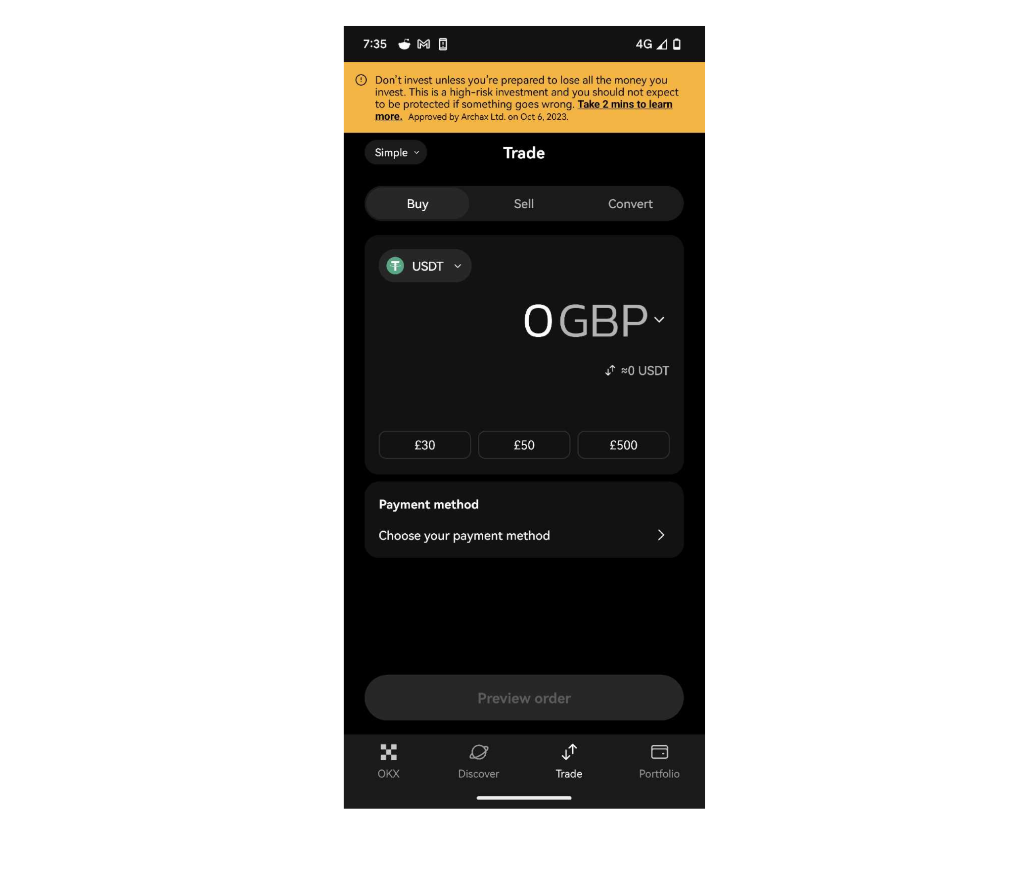 Interfaz de compra y venta en el móvil