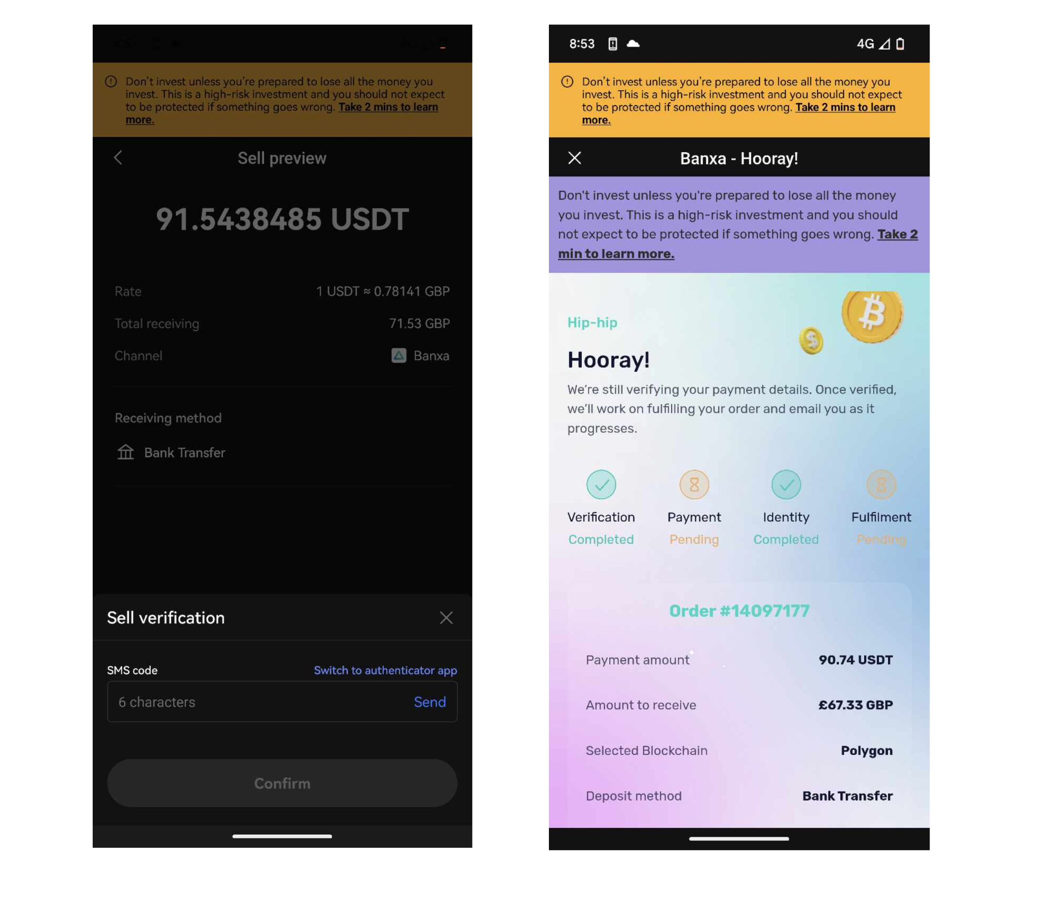 Proceso de verificación de una venta y una orden de compra exitosa en la versión móvil
