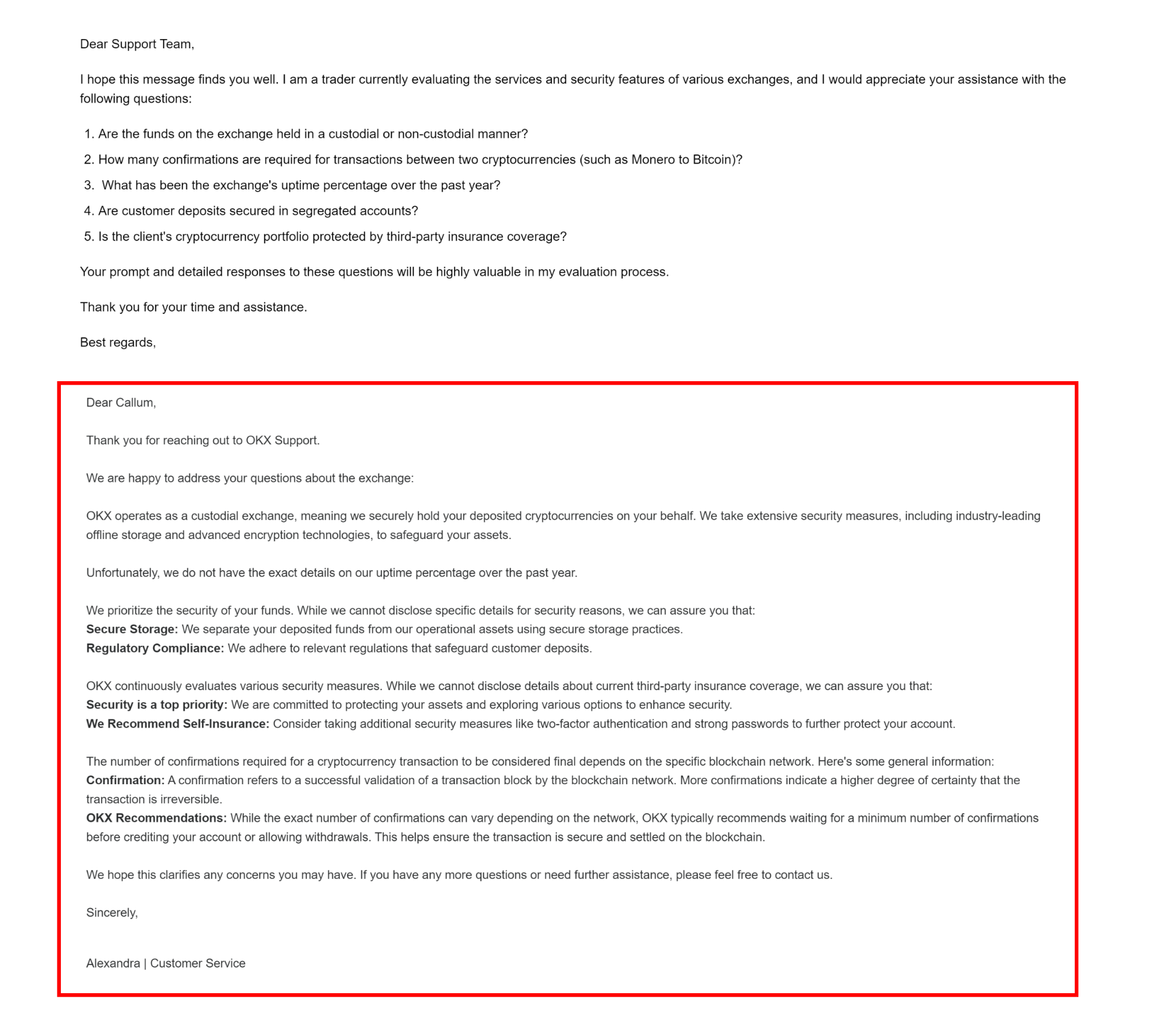 Correo electrónico de mi conversación con el equipo de atención al cliente de OKX