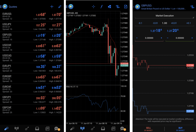 Watch list (left), chart window (middle), and order placing window (right)