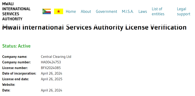 Central Clearing Ltd’s licensing info at mwaliregistrar.com