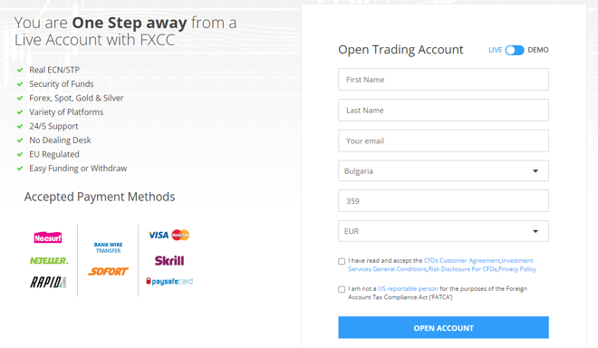 FXCC’s account registration form