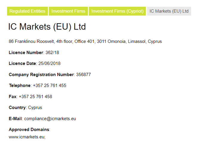 IC Markets (EU) Ltd’s licensing info at cysec.gov.cy