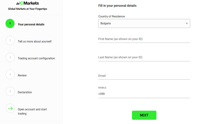 IC Markets’ account registration form