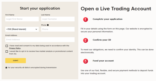 AXI’s account registration form