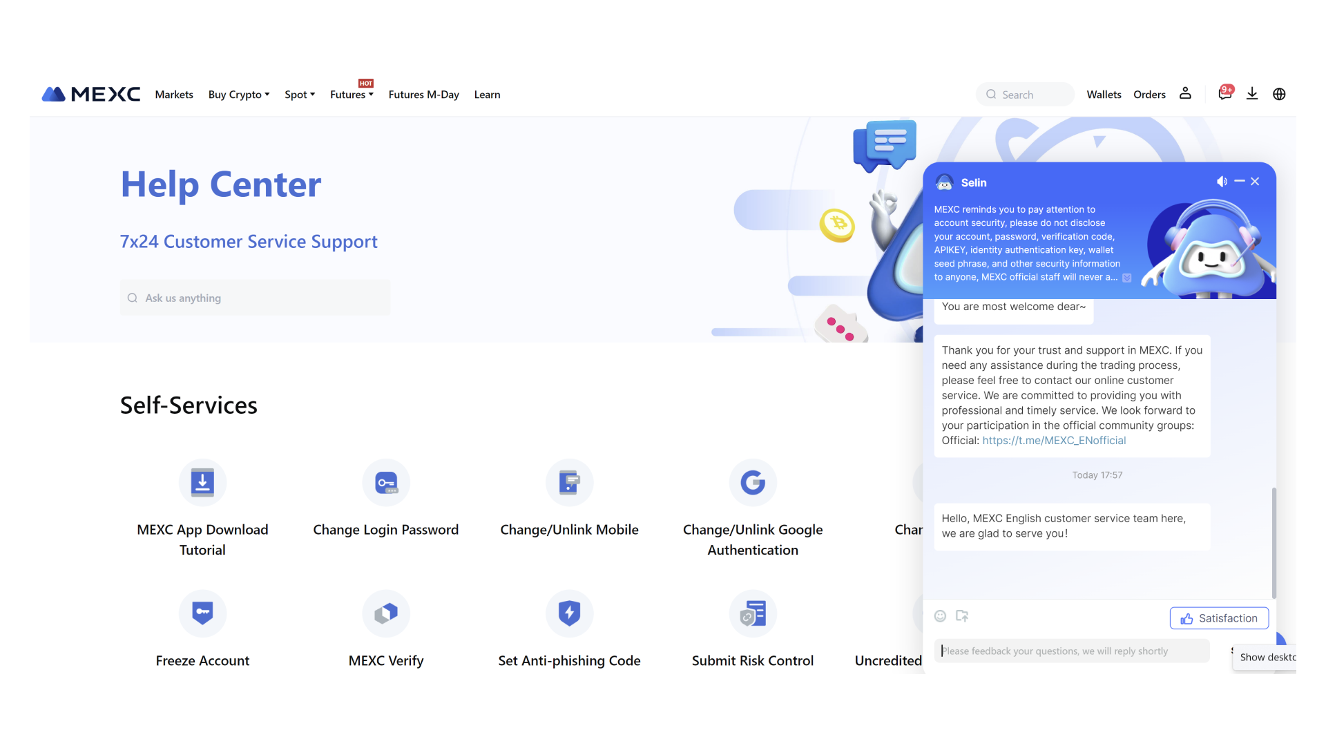 MEXC help center and live chat support