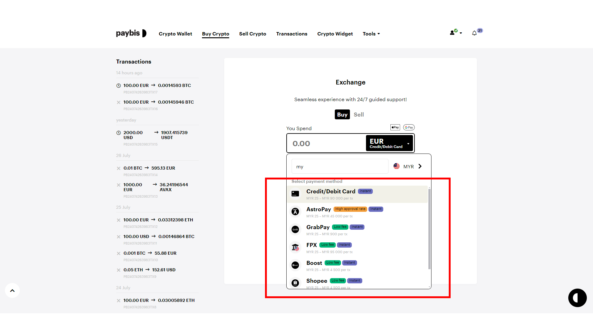 For each of the supported fiat currencies, Paybis features a different list of payment options