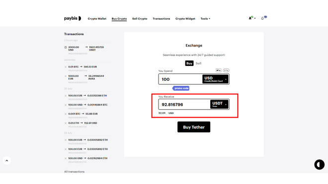 Paybis shows the amount you receive in your wallet during the purchase