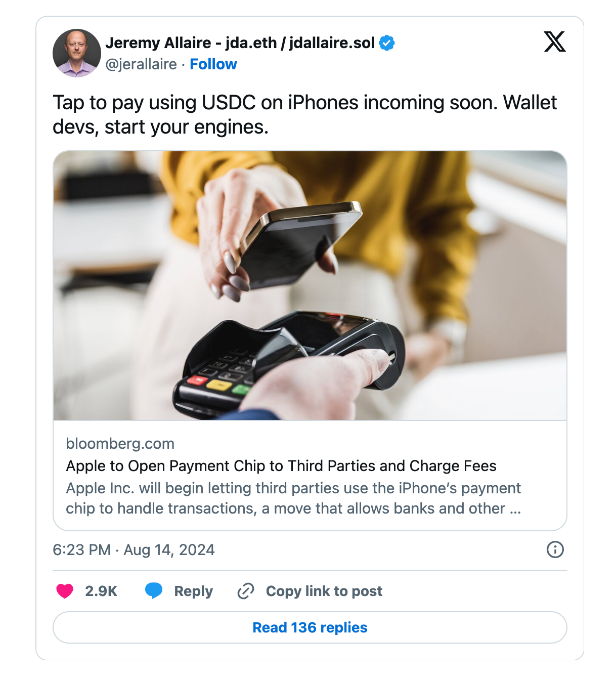Circle CEO Hints USDC Payments on Apple Devices | X.com/Jallaire