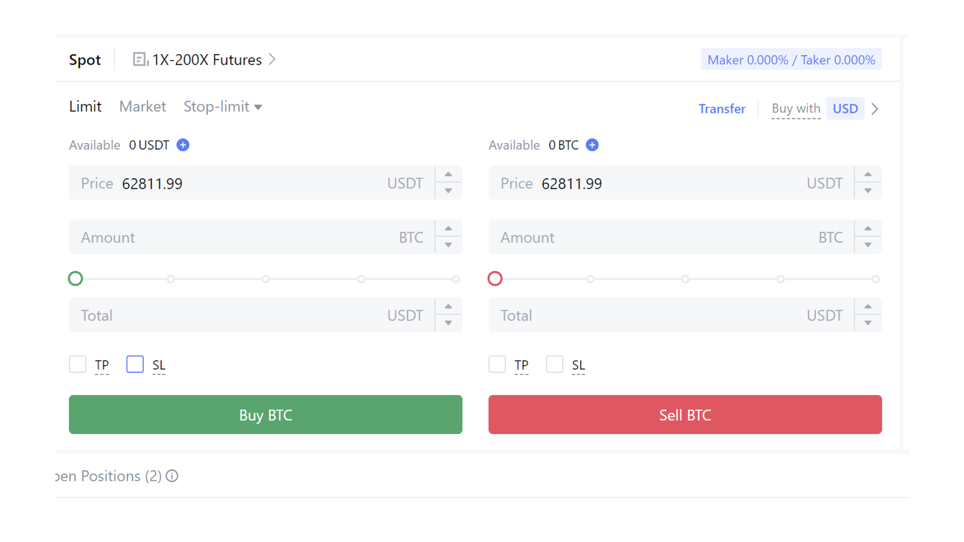 Spot trading buy/sell interface