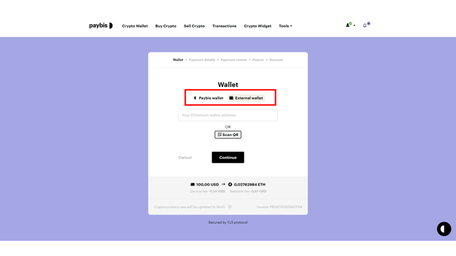 Users can store crypto on the Paybis wallet or external wallets