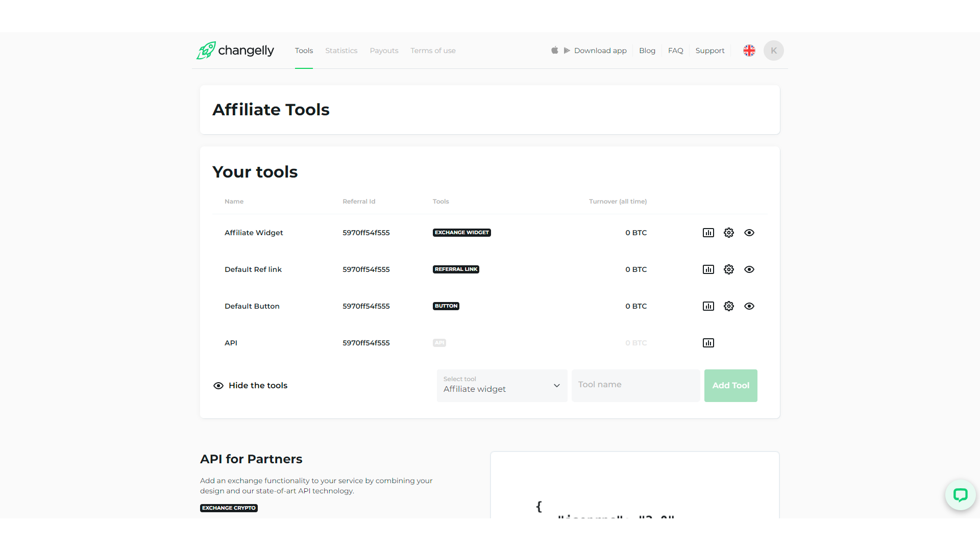 Changelly offre molti strumenti e diversi widget per chi intende partecipare al suo programma di affiliazione