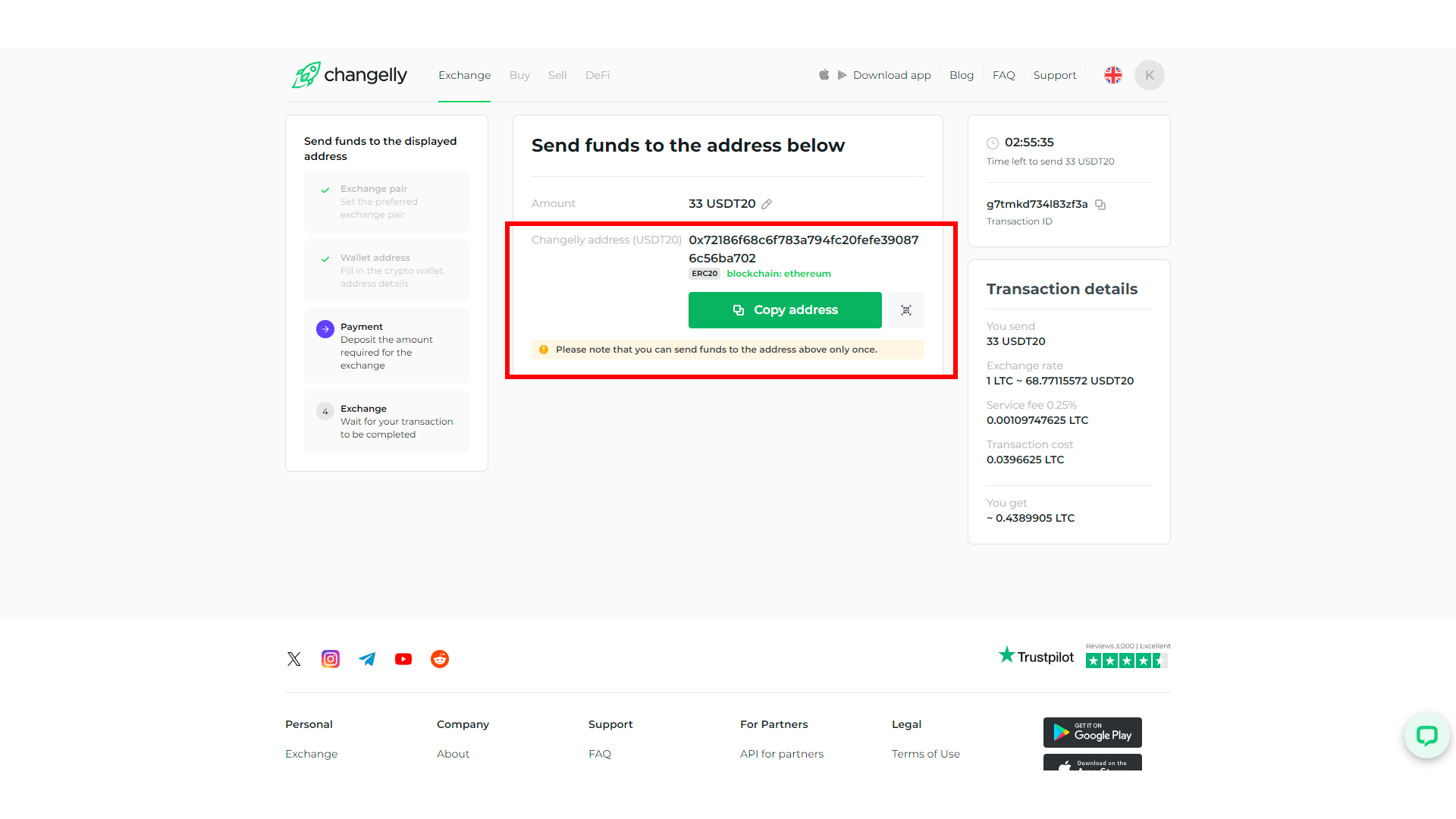 Changelly fornisce il suo indirizzo del wallet per lo scambio dei fondi