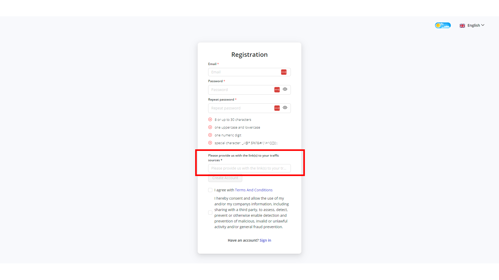 Per partecipare al programma di guadagno ibrido su Changelly, è necessario fornire i link alle proprie fonti di traffico durante la registrazione