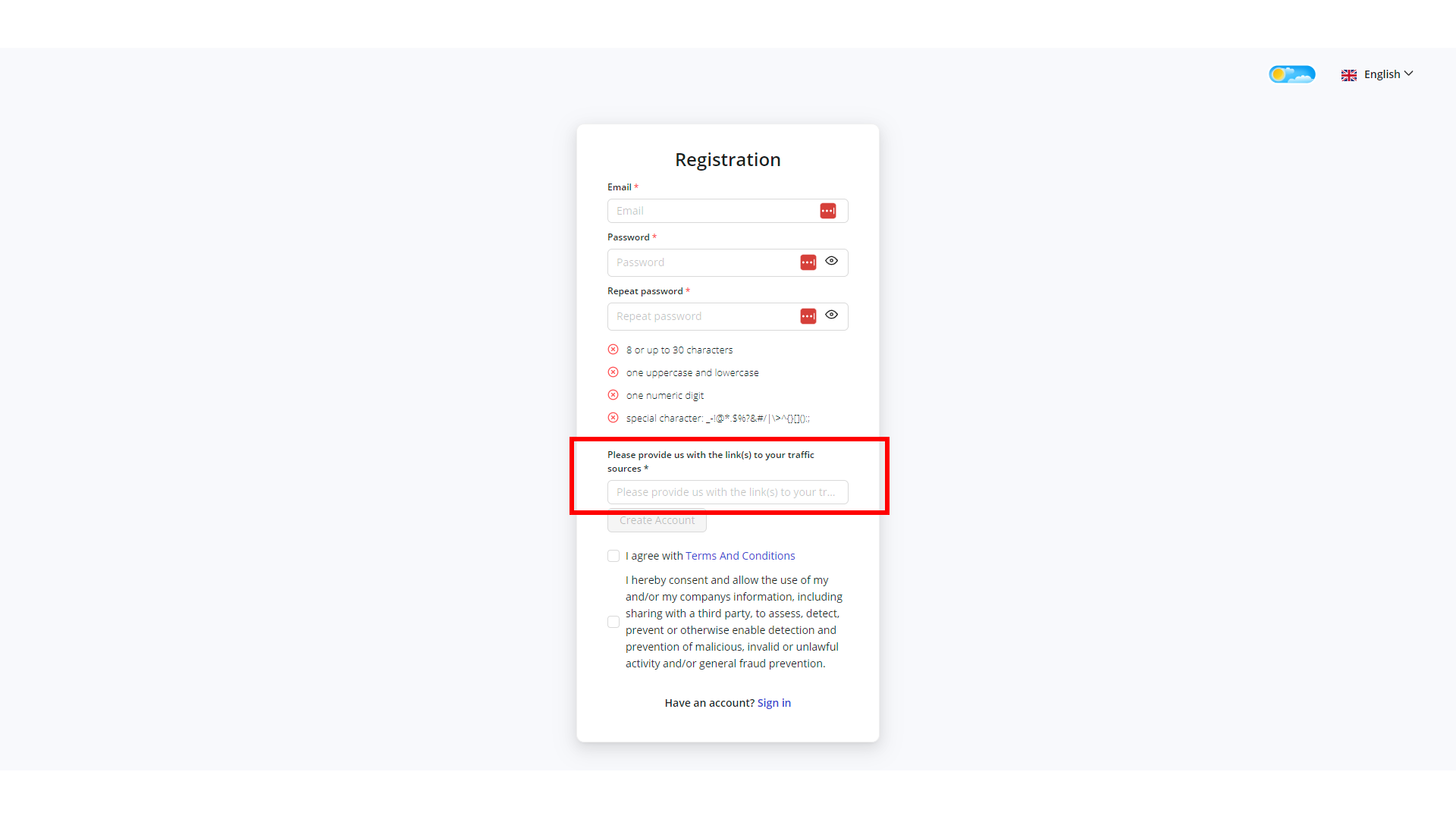 To participate in the hybrid earning program on Changelly, you must provide the links to your traffic sources upon registration