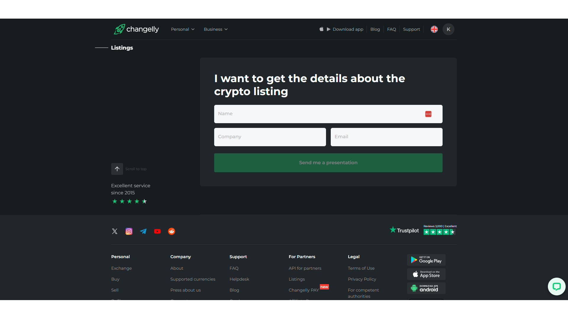 To apply for a token listing on Changelly, you may only submit your contact details and get a presentation in return