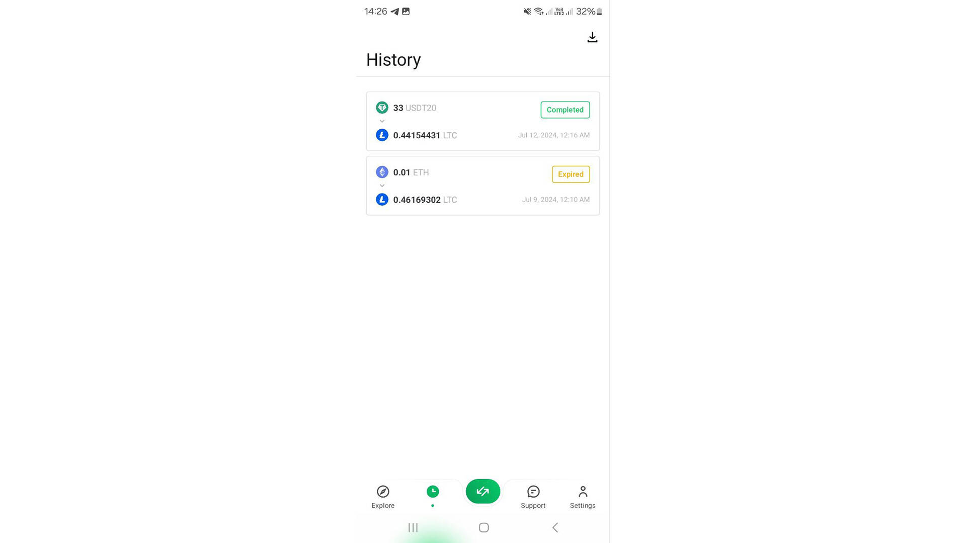 Changelly Mobile App keeps the history of all transactions, including those that have expired