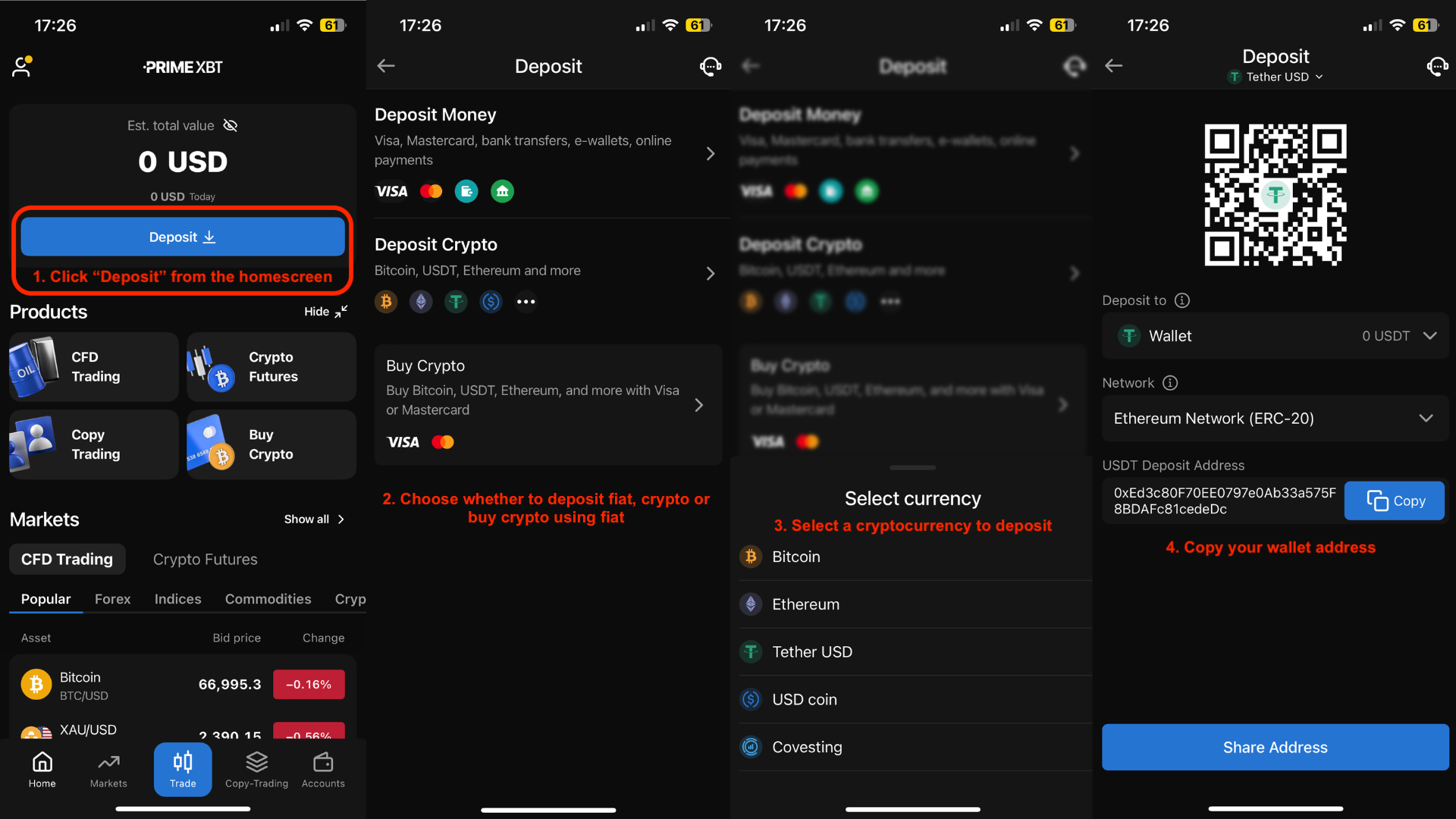 Avvio di un deposito tramite un network crypto