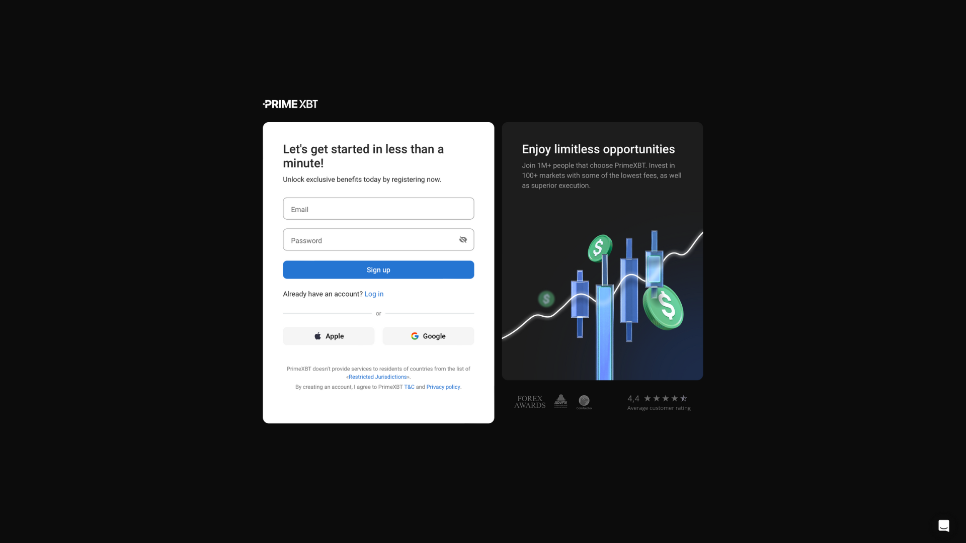 Pagina di registrazione di PrimeXBT