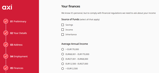 AXI’s account registration form (continued)