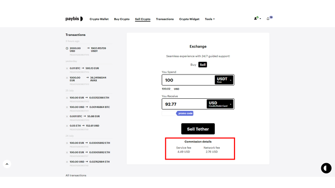 When selling crypto for fiat, Paybis is a bit more transparent about the fee structure