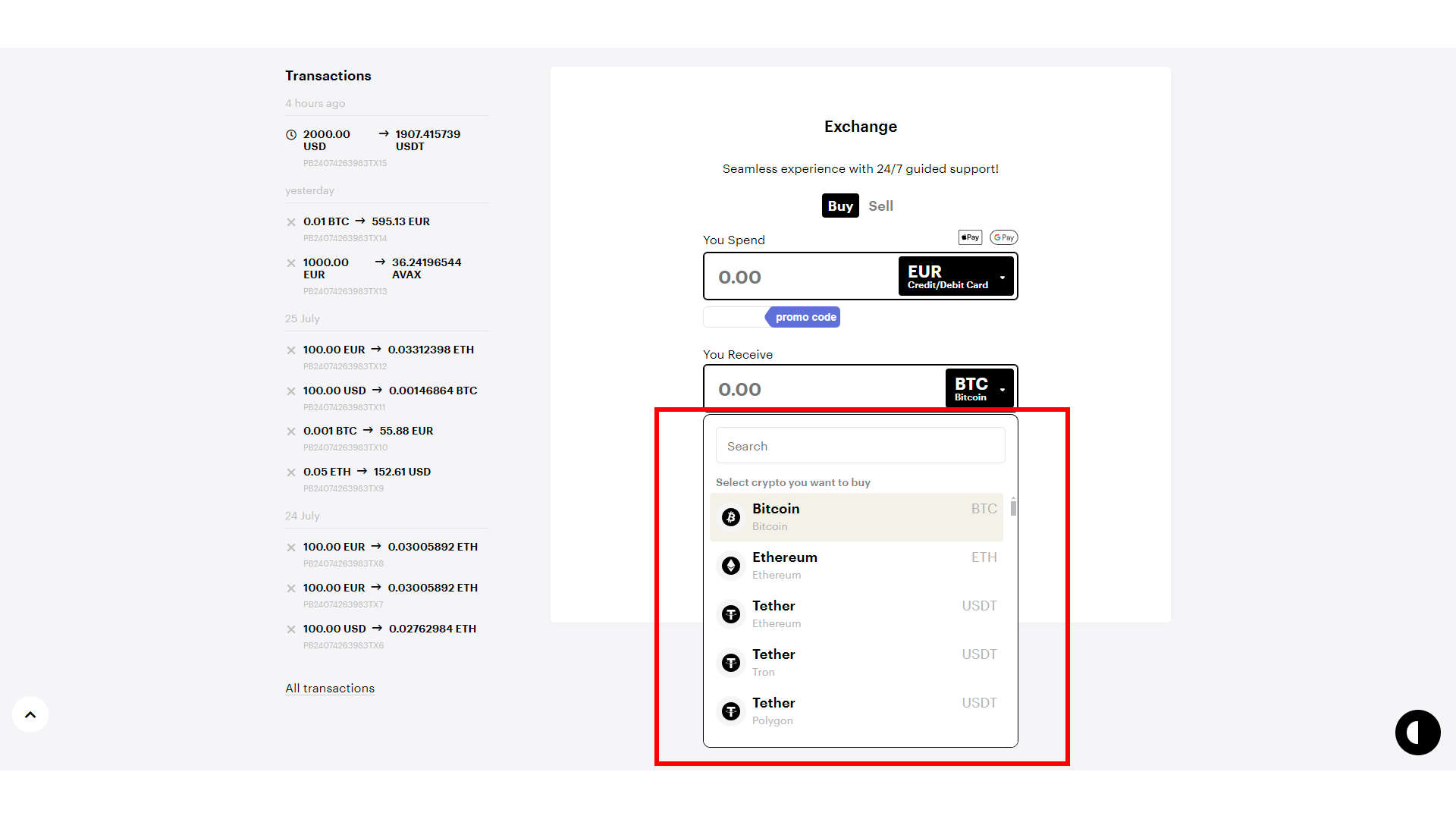 The selection of cryptos on Paybis is not too big compared to other centralized exchanges