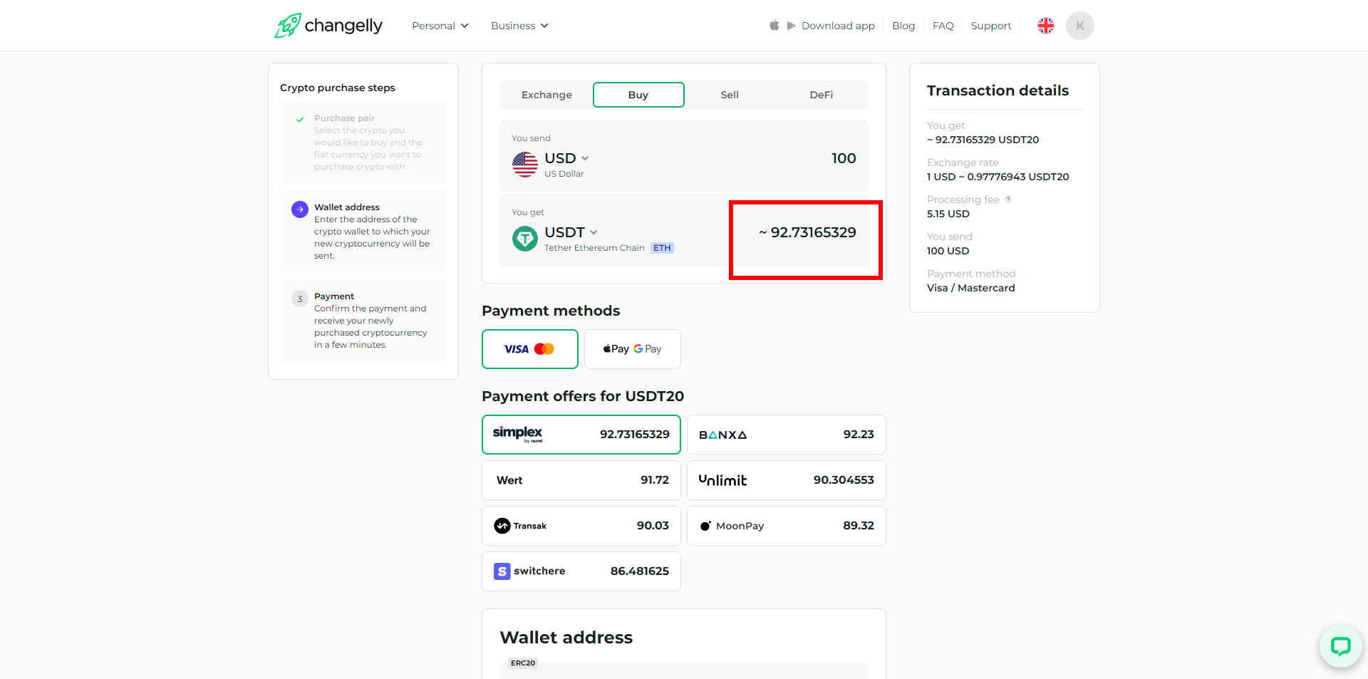 Simplex offriva il miglior tasso di cambio per acquistare USDT