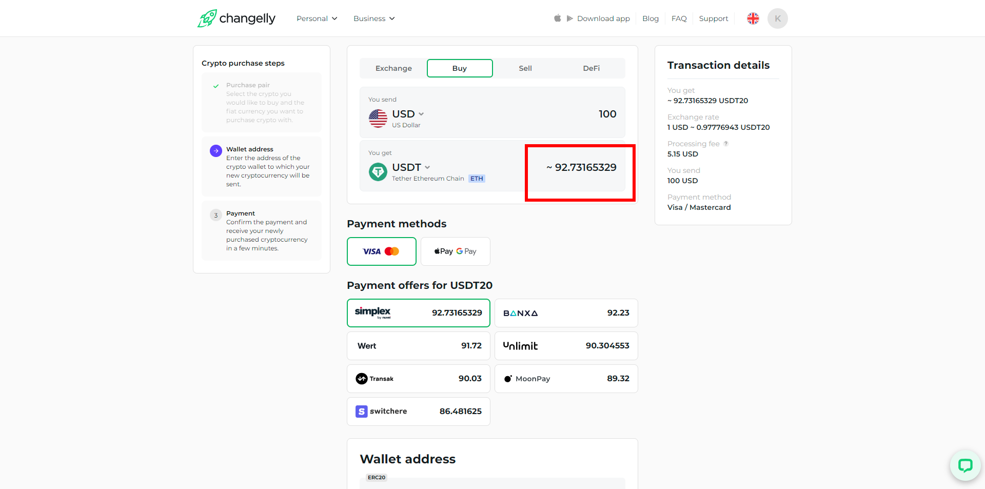 Simplex offered the best rate for purchasing USDT