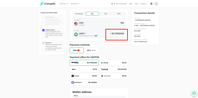 Simplex offered the best rate for purchasing USDT